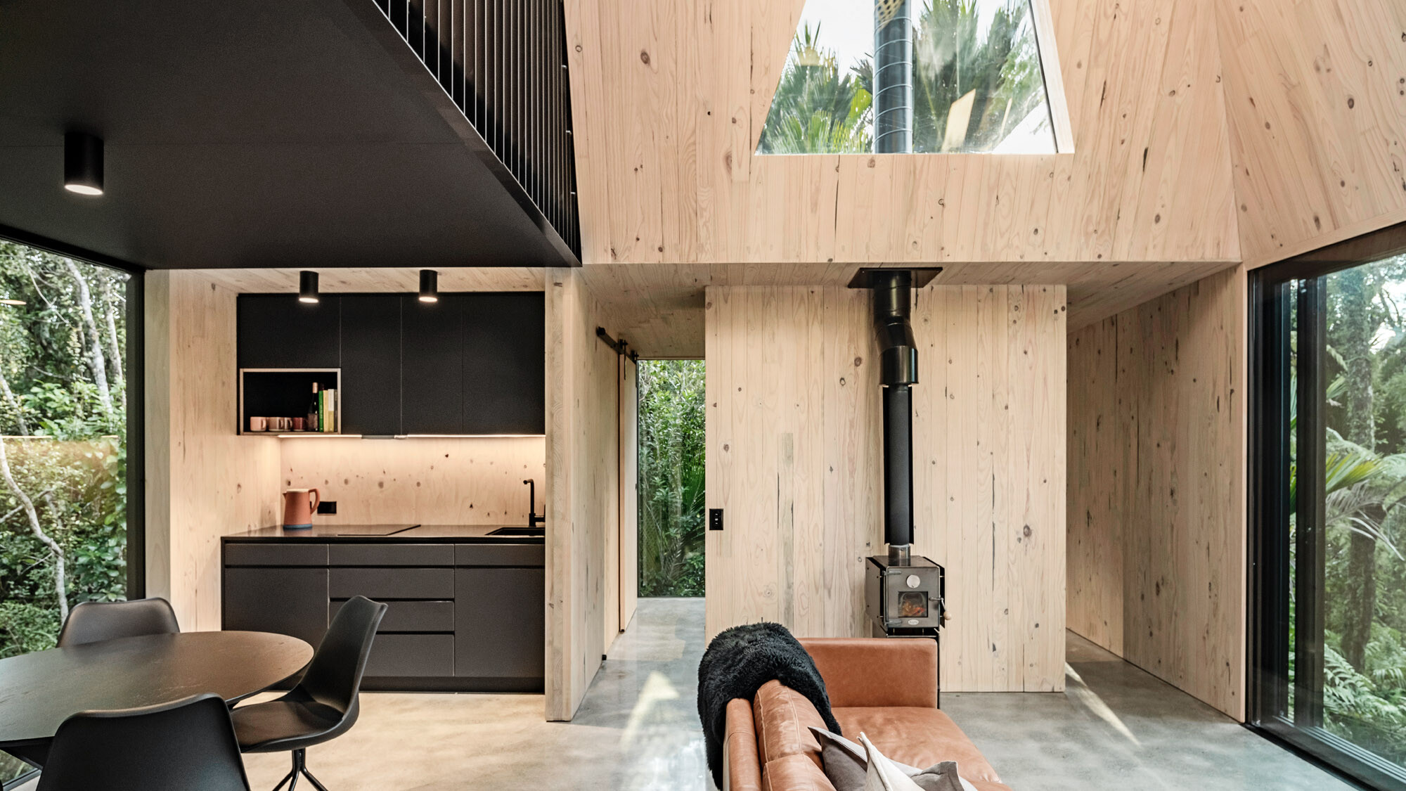 View of the kitchen and living area.