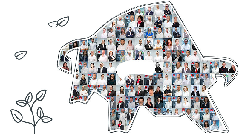PREFA bull logo with portraits of PREFA employees – symbolizes the values and goals of PREFA Aluminiumprodukte GmbH.