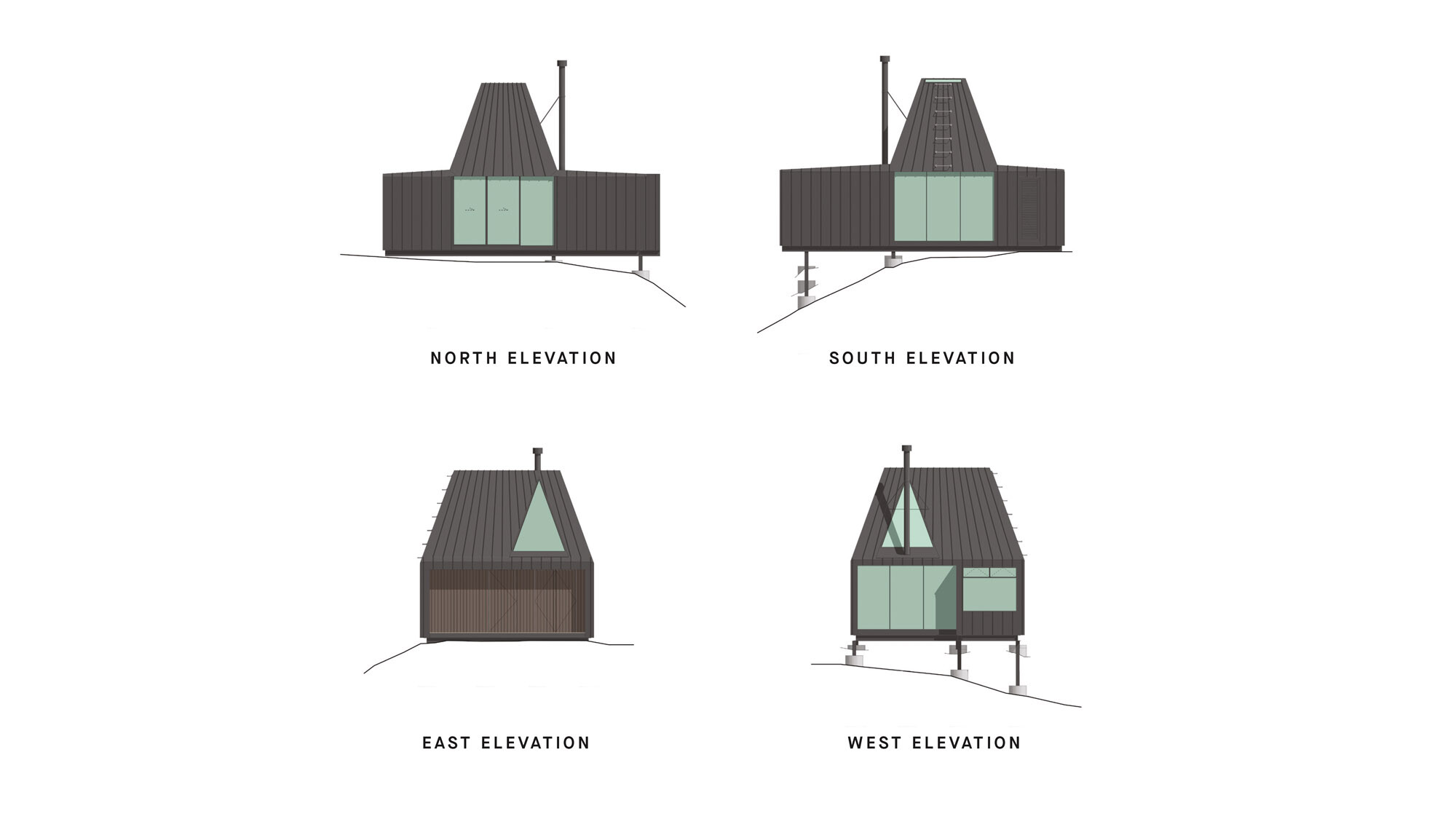 The Biv Punakaiki Cabin from the north, east, south and west.
