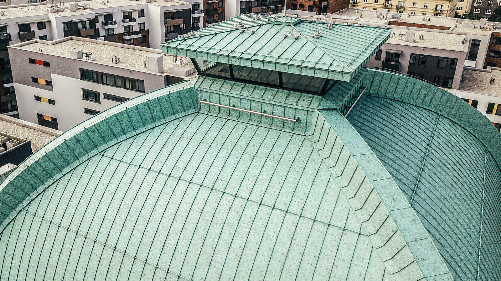 Spilka Offices, cupola reconstruction, roof details, drone shot, Prefalz, P.10 patina green, monument protection, Bratislava, Slovakia