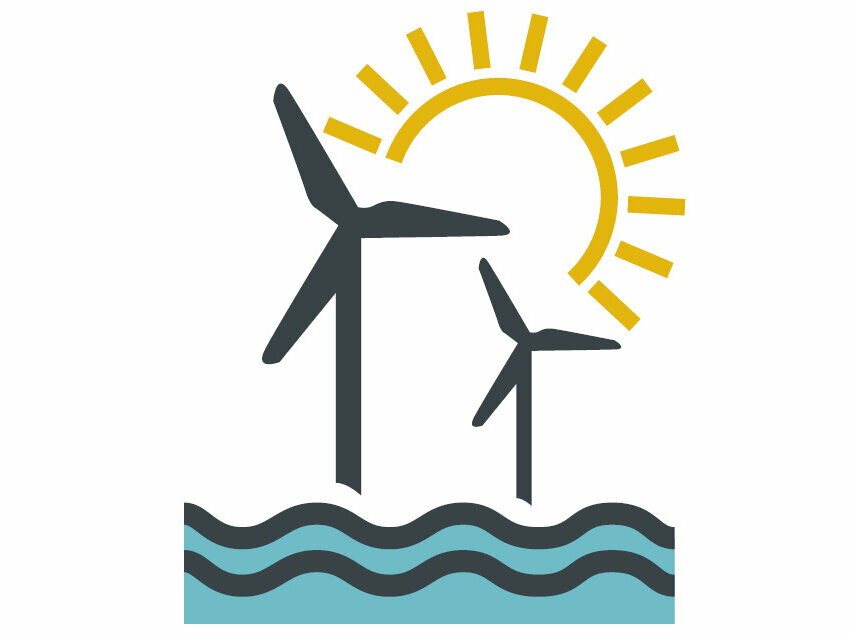 Stylised image with wind turbines, sun and water representing green electricity
