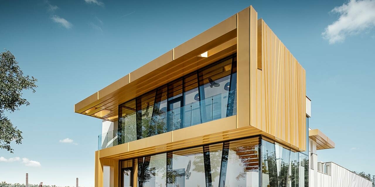 Newly built Rúbaň winery with large glass surfaces and an aluminium façade in maya gold