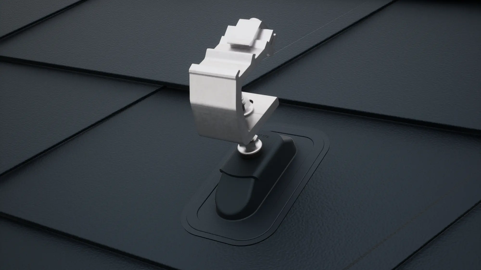 Darstellung des Solarmontagesystems PREVARIO Sunny auf schwarzen PREFA DS.19 Dachschindeln. Das Solarmontagesystem bietet die ideale Basis für Photovoltaikanlagen auf PREFA Aluminiumdächern.