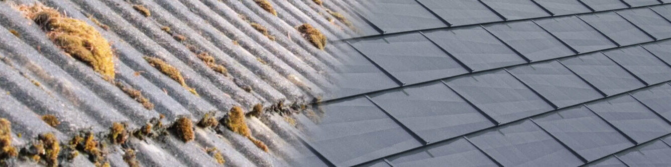 Before and after picture of a roof renovated with PREFA roof panels in P.10 anthracite