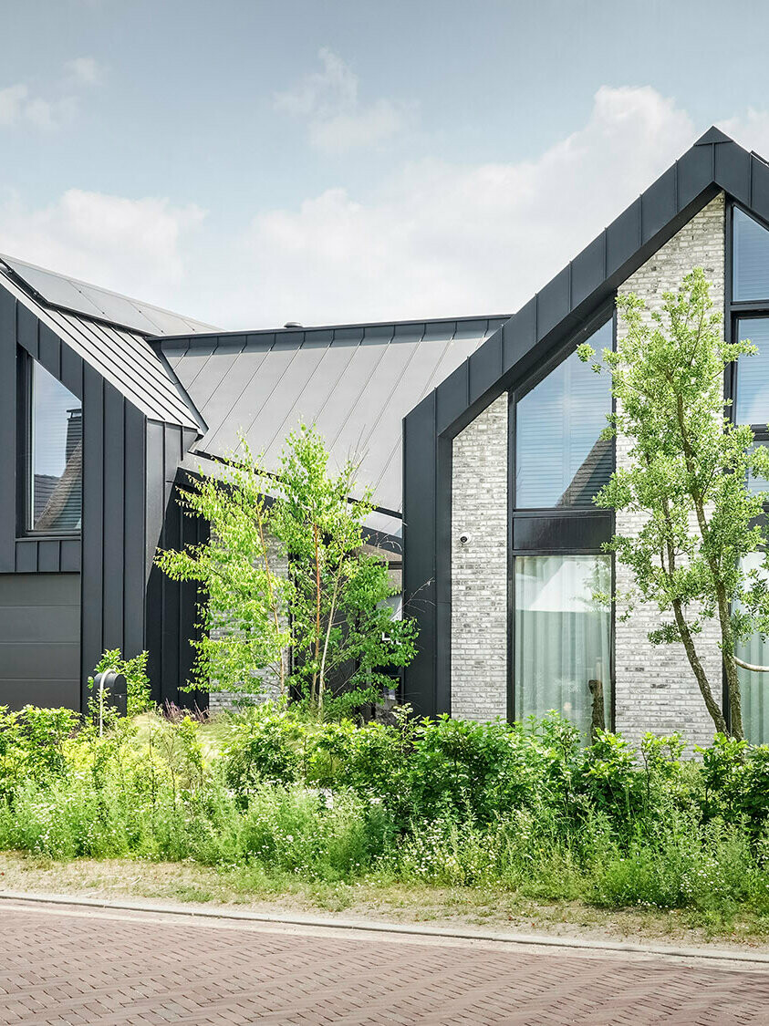 View of a modern detached house with pointed gable roofs made of black Prefalz material, located in a quiet street. The house combines a dark façade with light-coloured brick accents and large areas of glazing. Young trees and a naturally landscaped front garden frame the house and blend into the peaceful neighbourhood.