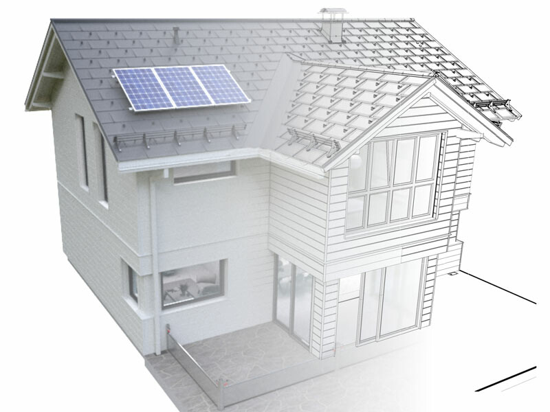 Model of a house, represented with 3D and BIM data and a texture