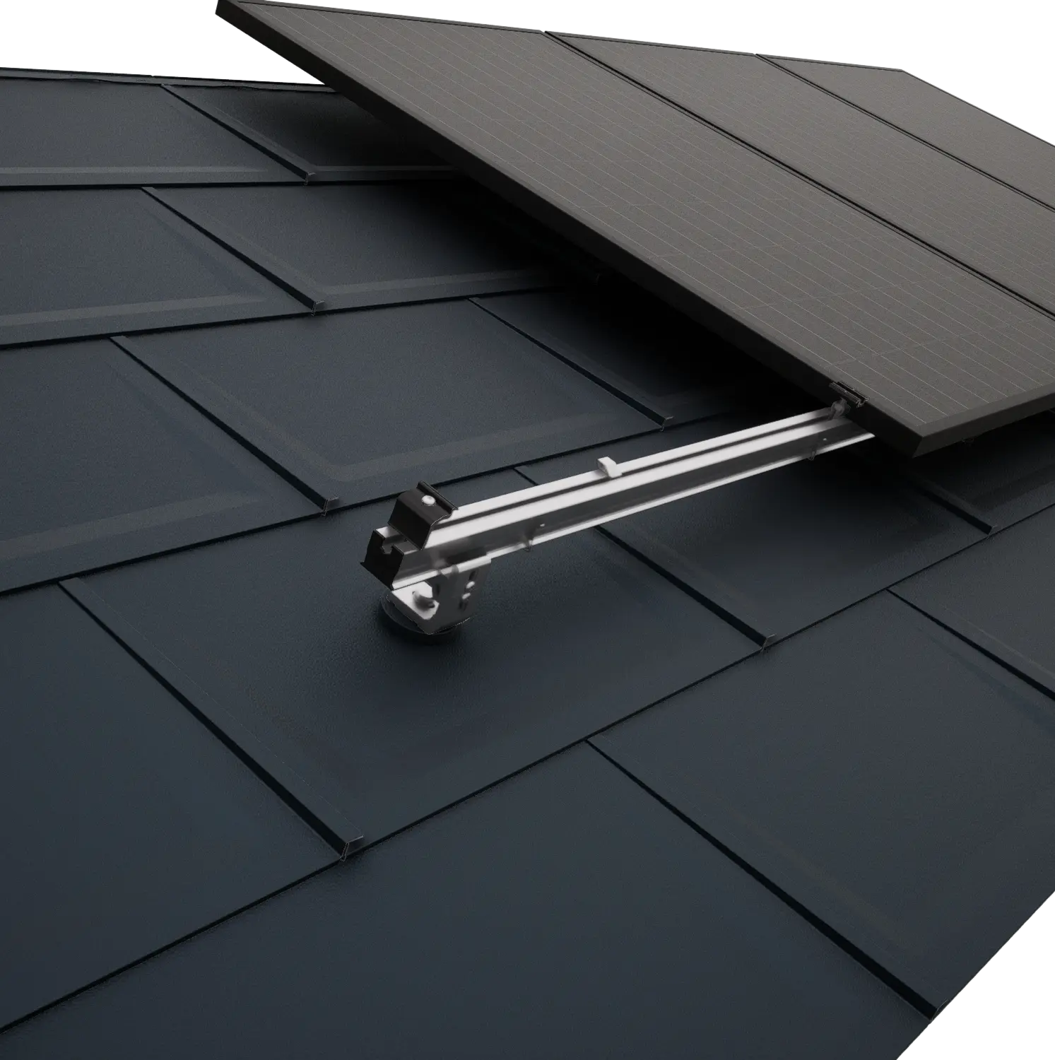 Close-up of a PREFA roof with PV modules fastened using the PREVARIO solar panel mounting system.