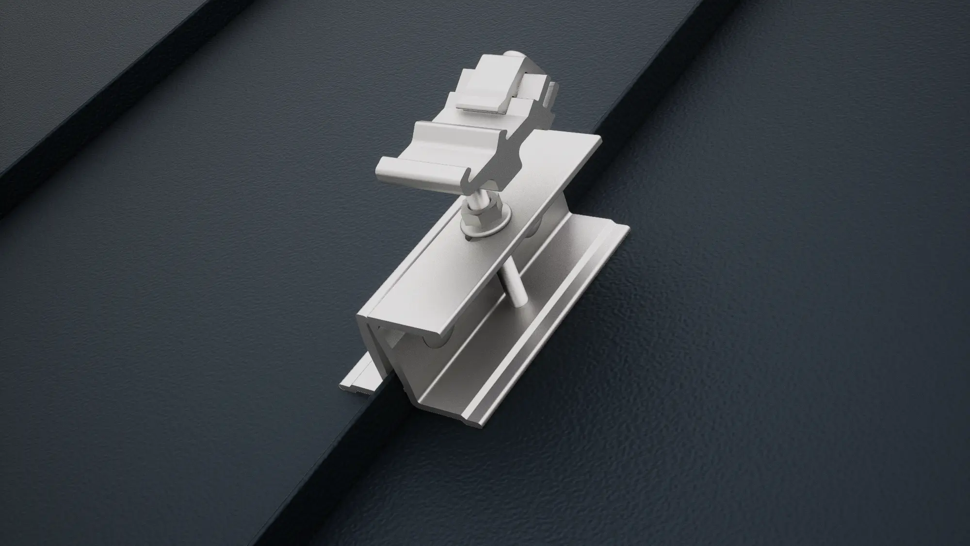 Rendering des Solarmontagesystems PREVARIO PREFALZ auf einer Stehfalzdeckung aus schwarzem PREFALZ. Das Solarmontagesystem ist die perfekte Basis für Photovoltaik-Aufdachlösungen auf PREFALZ Dächern aus Aluminium.