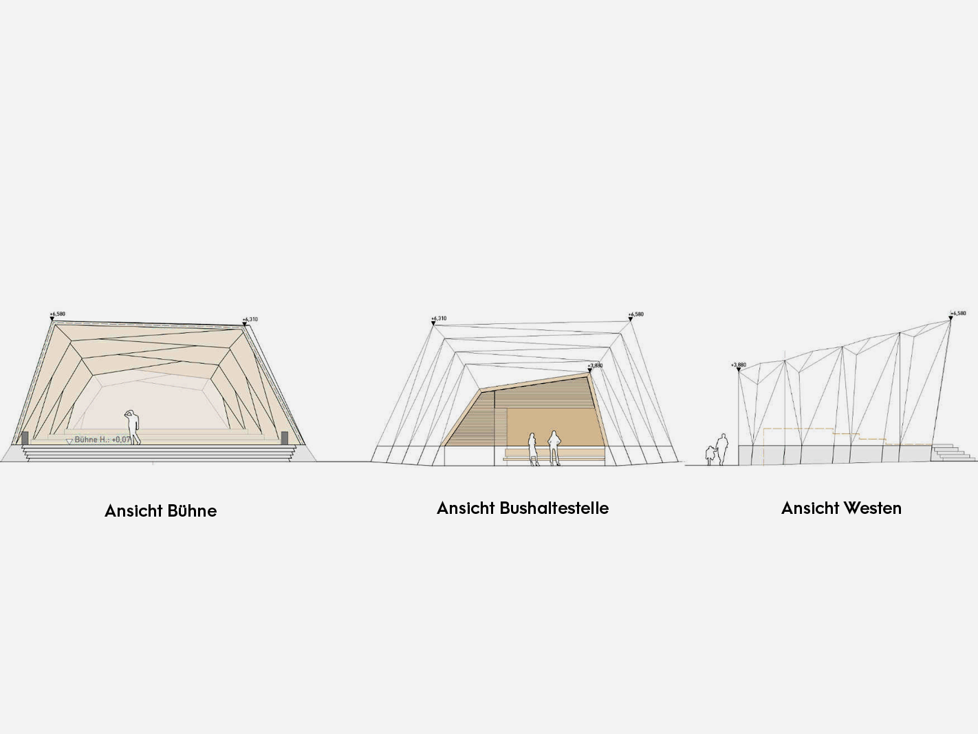 3 sketches of the Kirchdorf Music Pavilion in 3 different views.