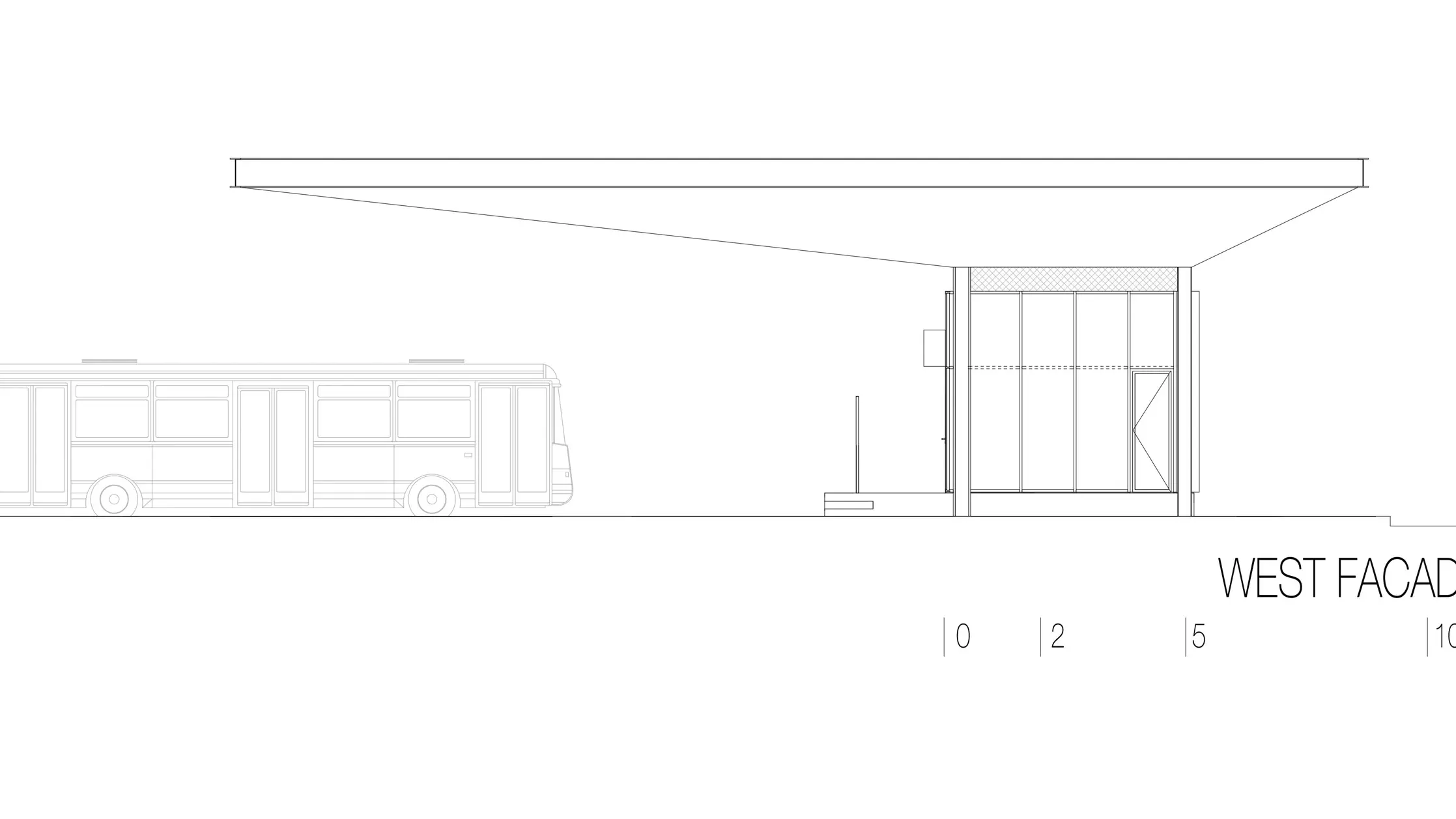 The drawing shows the west view of the "Autobusni Kolodvor Slavonski Brod" bus stop in Croatia. The illustration emphasises the long, horizontal white PREFA Prefalz roof, which protrudes over the area below. On the right of the drawing is a rectangular building with large glass surfaces and clear lines. On the left is a bus, which emphasises the proportions of the bus stop in relation to a vehicle. The western view emphasises the modern and functional architecture of the bus stop, which creates a bright and inviting atmosphere through the combination of glass and aluminium.