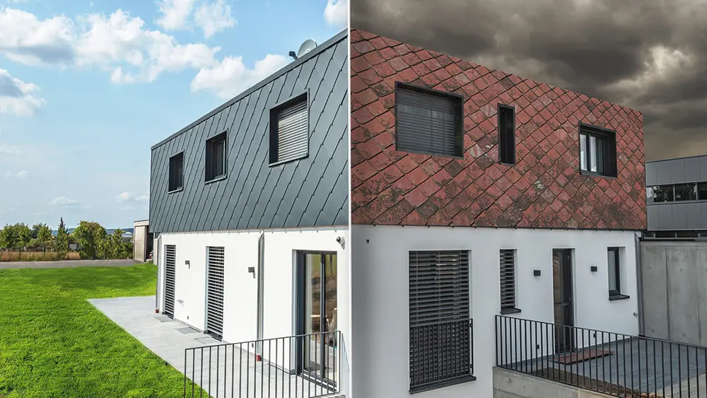 One hand holds a smartphone with a photo of a house with the PREFA photo service - you can recognise the house with and without a PREFA roof.