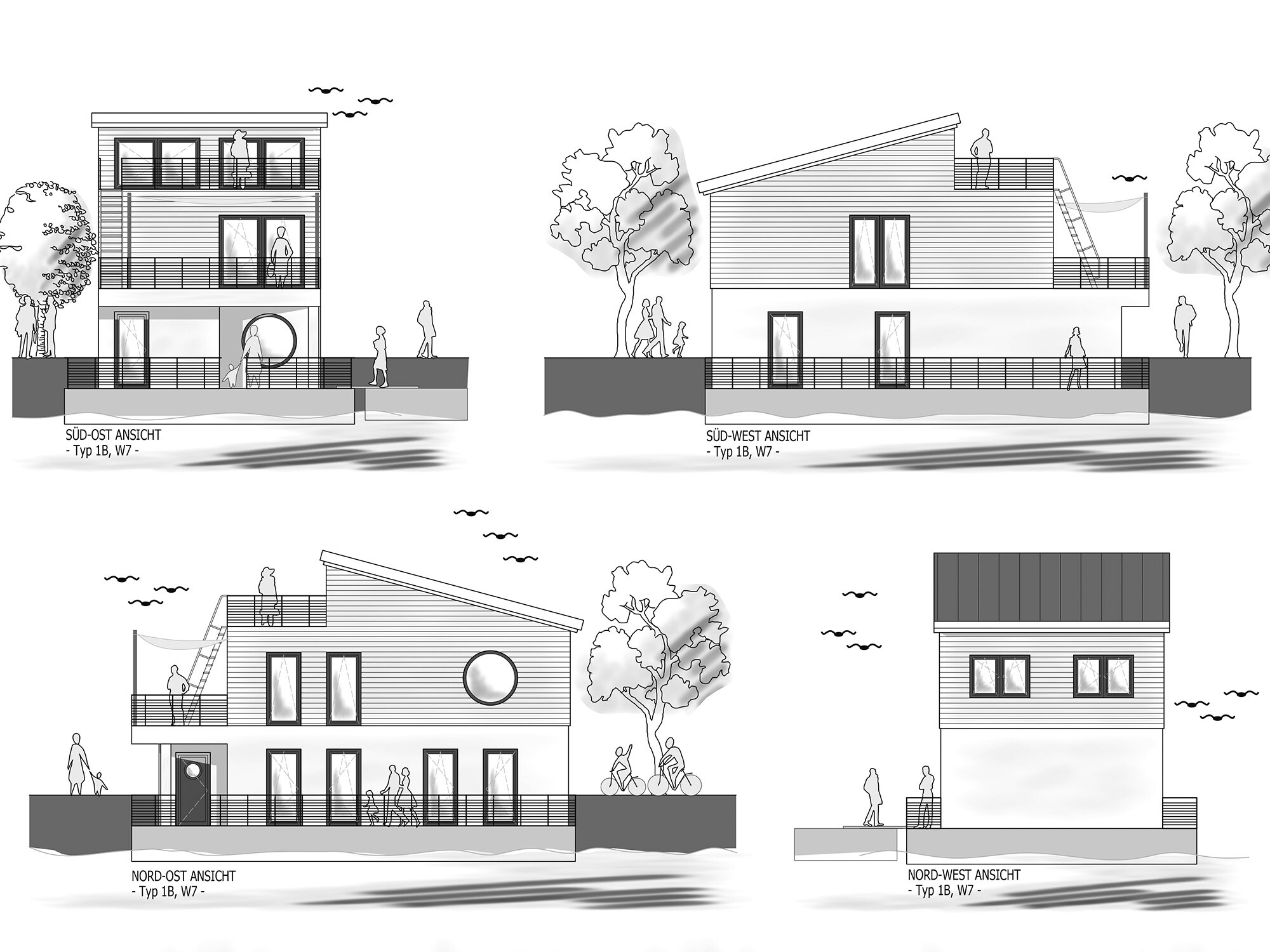 A plan showing the south-east, south-west, north-east and north-west views of the buildings.