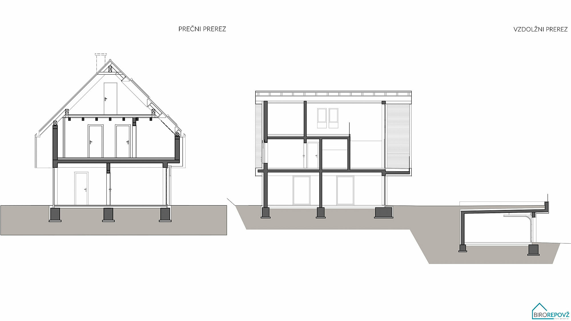 The image shows architectural drawings of the Alpine chalet, including various cross-sections. The labelling indicates that the sections are a "PREČNI PREREZ", which means "cross-section", and a "VZDOLŽNI PREREZ", which translates as "longitudinal section".