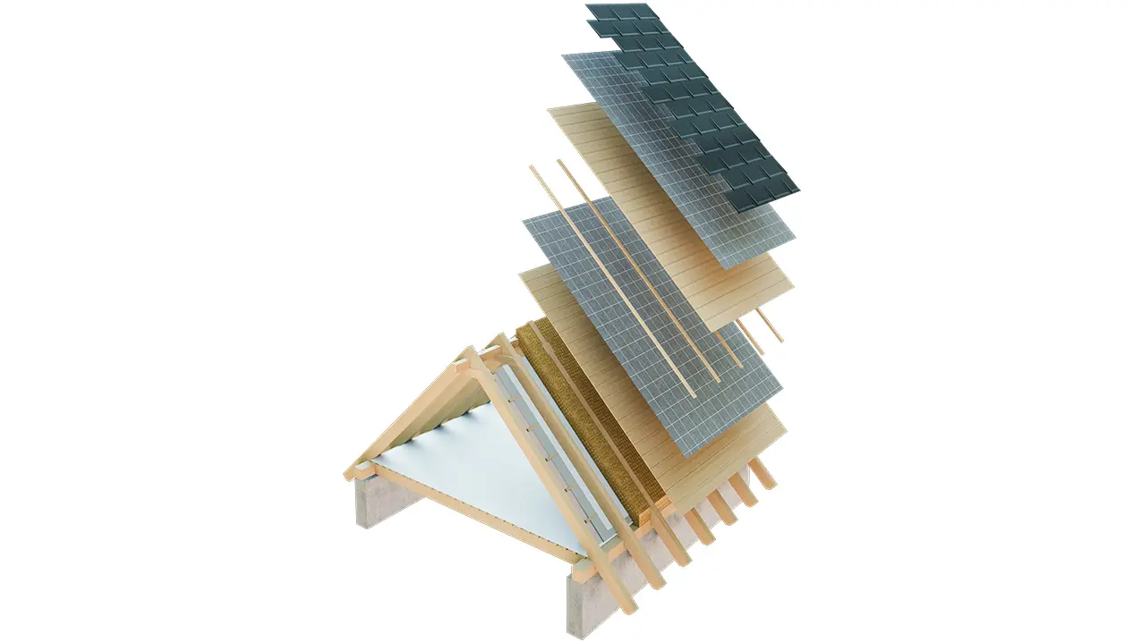 Technical drawing of a cold roof structure, multi-skin roof structure with battens, full casing, separation layer, truss; attic can be used as living space; double-skin roof structure, ventilated roof construction; counter battens