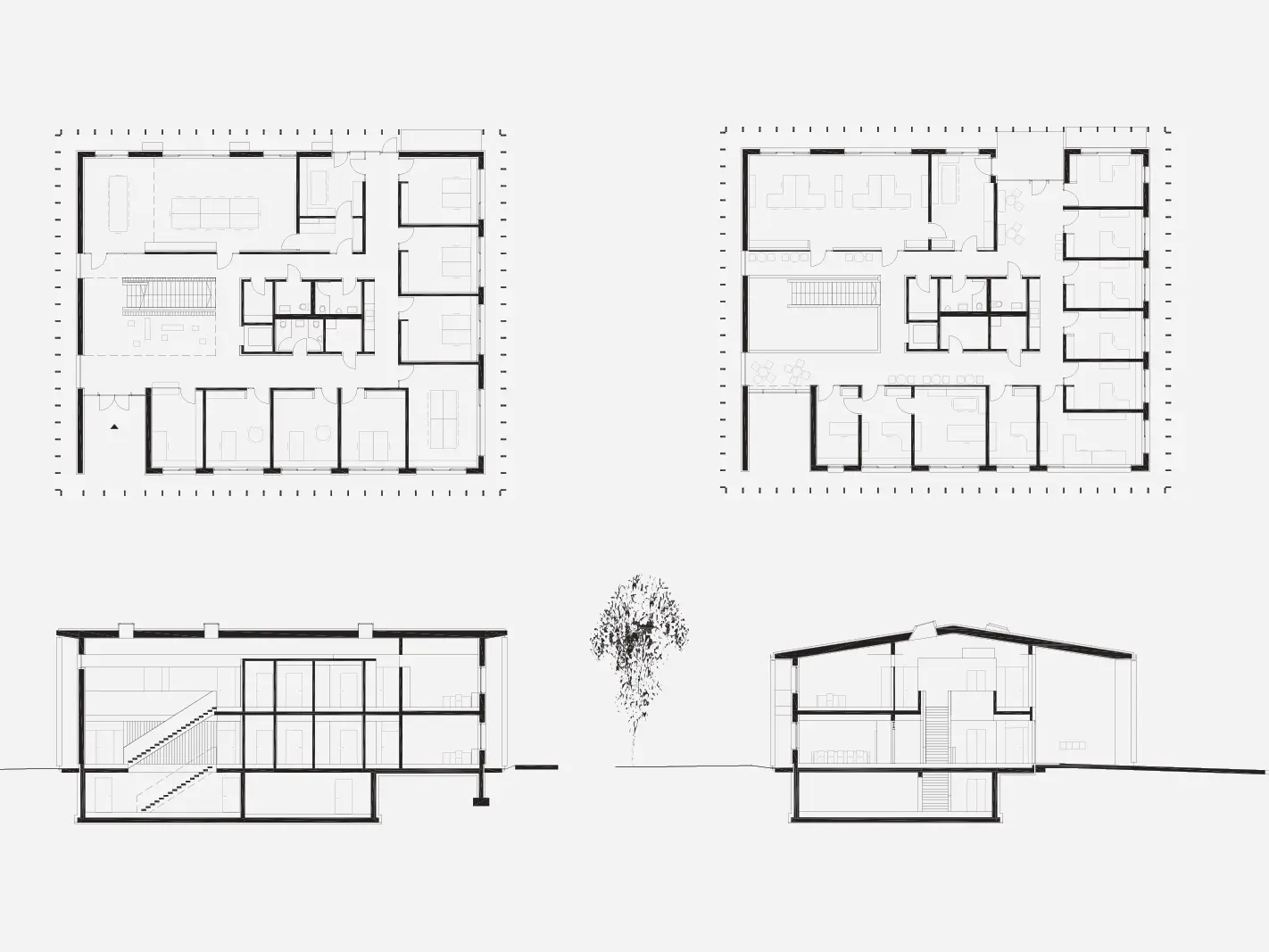 On the picture are 4 sketches of the argiculture centre. Different views are shown, as well as the interior structure of the building.