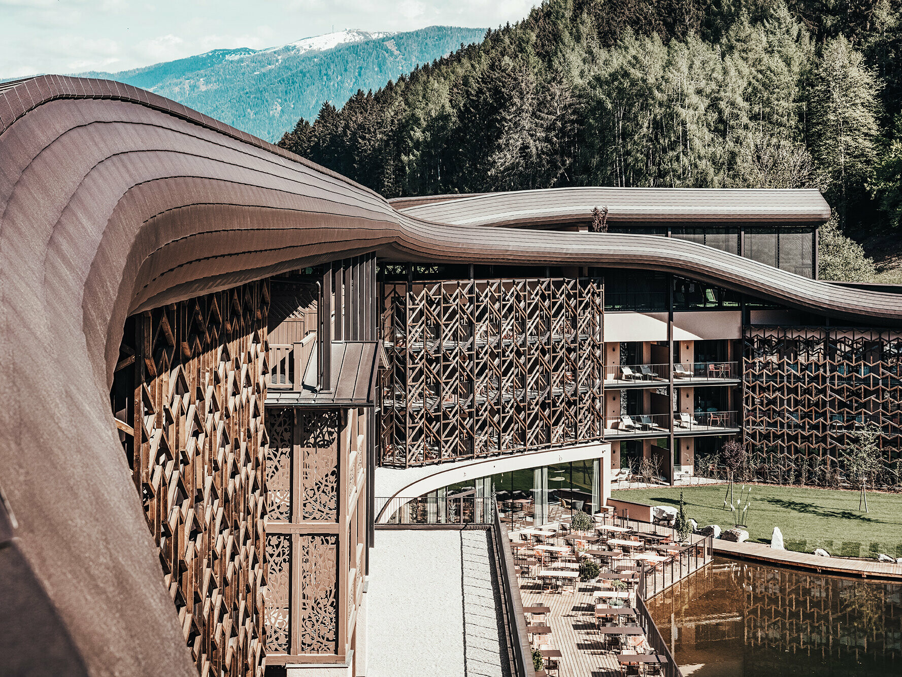 The roof wave in detail of the Falkensteiner Hotel in South Tyrol.