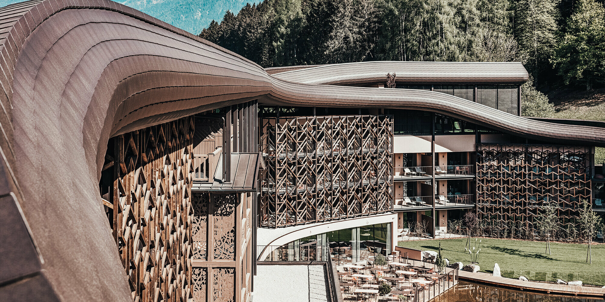 The roof wave in detail of the Falkensteiner Hotel in South Tyrol.