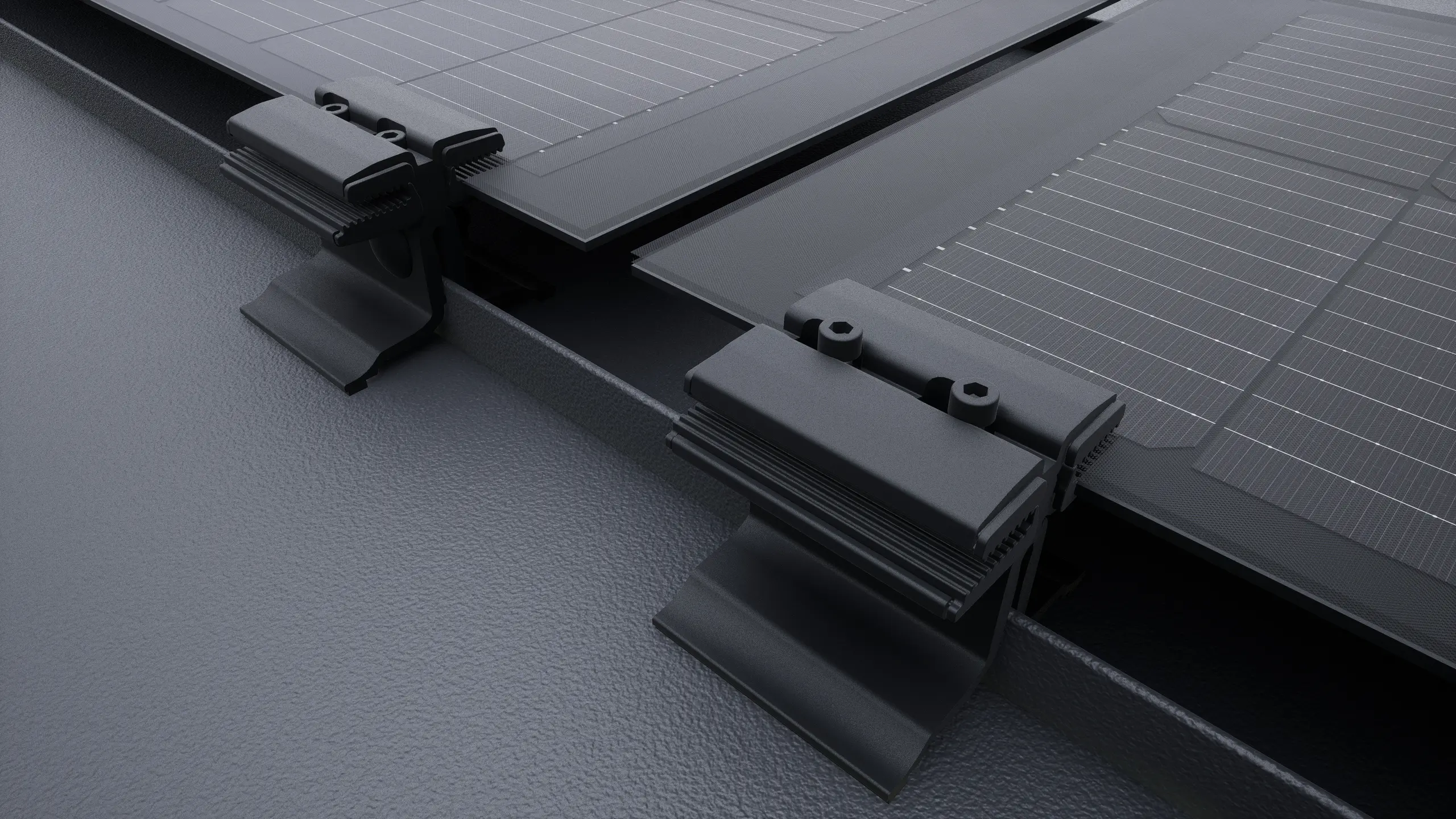 Close-up of the PREFALZ solar panel with black middle clamps. The panels are installed directly on the seams on the PREFALZ roof system. 