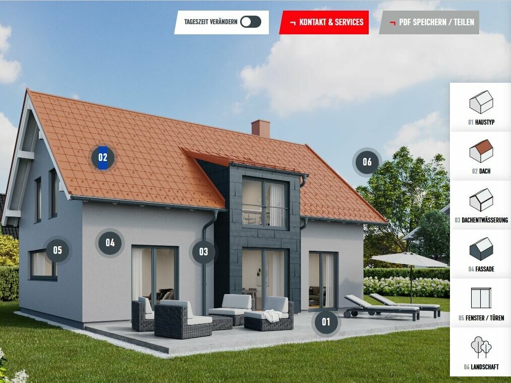 Façade configurator for façade renovation: interactive house view with selectable façade, roof and window options for customised design and planning of the new façade.