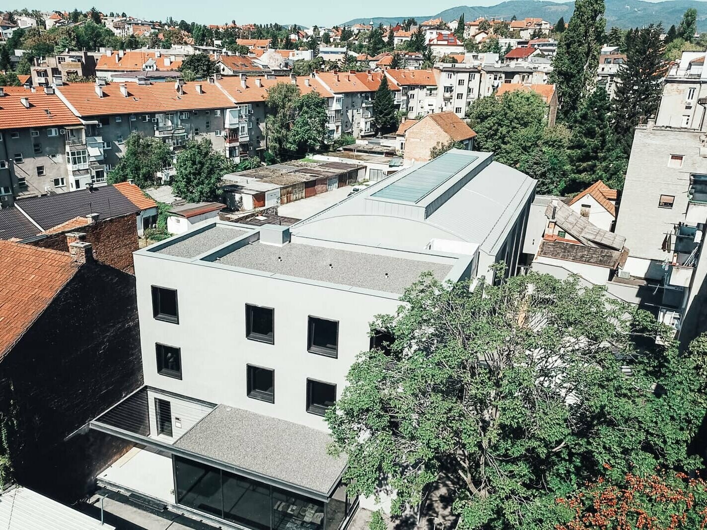 Outside view of the cinema, surrounded by houses and trees.