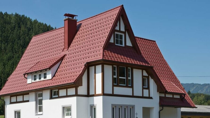 Two-family home in a rural setting with PREFA roof tiles in the colour P.10 oxide red