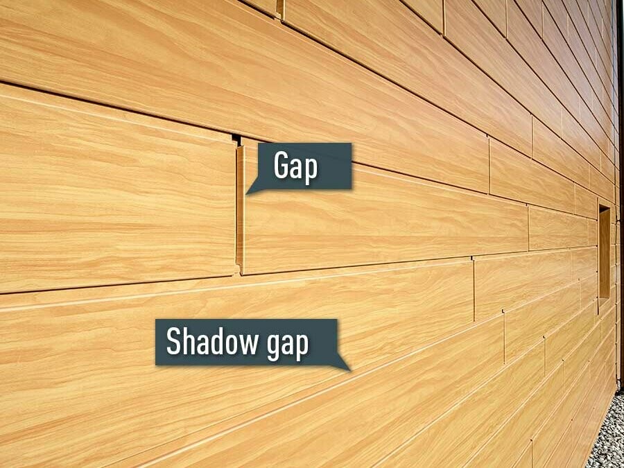 Illustration of sidings in light wood (wood effect) with the PREFA gap and shadow gap.