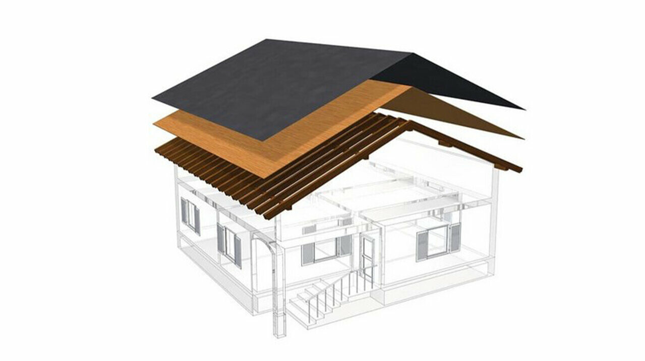 PREFA technical drawing of a single-skin roof structure – the attic cannot be used as a living space because it acts as the ventilation layer for the metal roof; full casing and separation layer without battens; warm roof