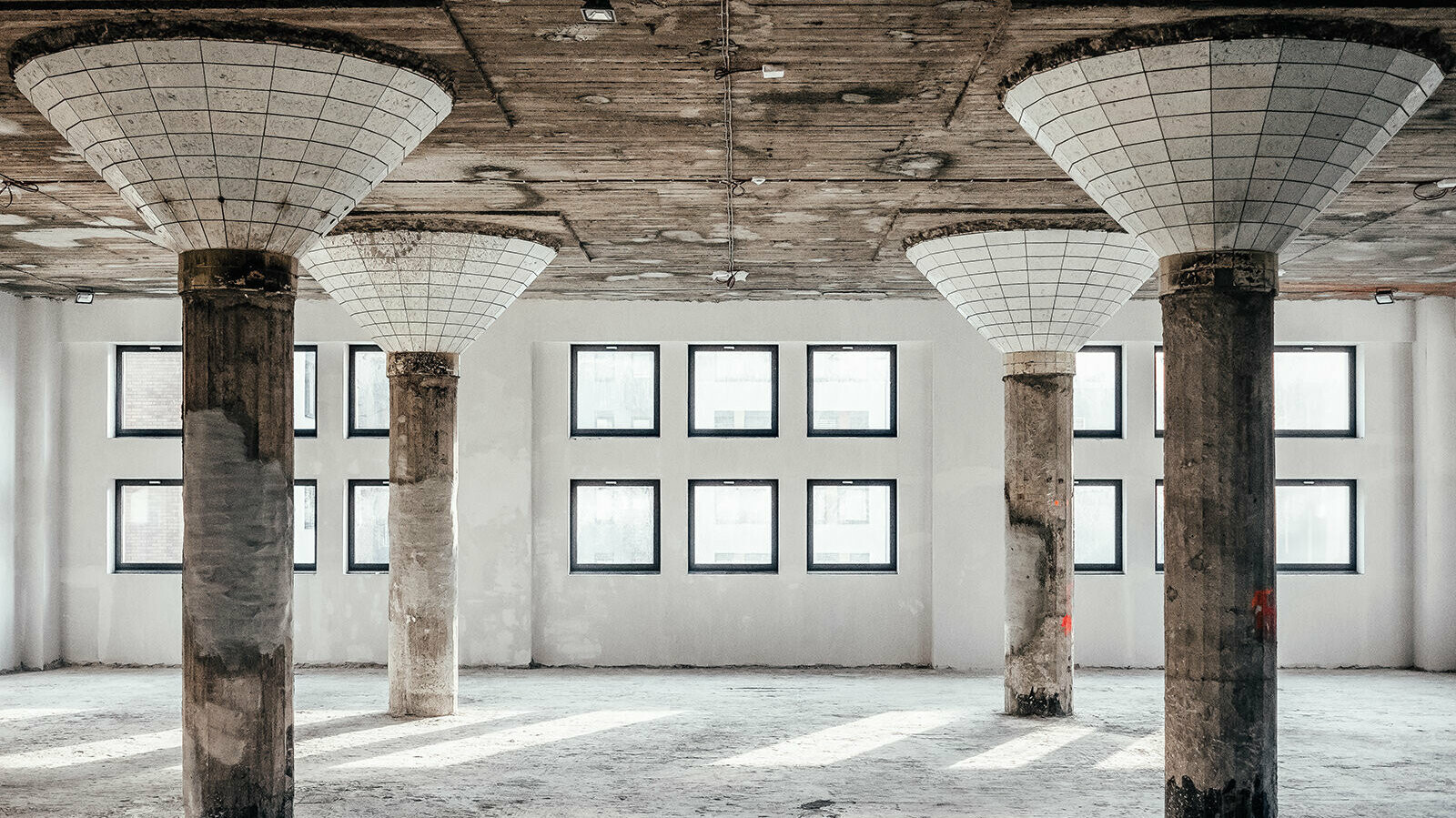 administrative building, Spilka Offices, interior, brut, functionalism, four columns, column heads tiled, rows of windows