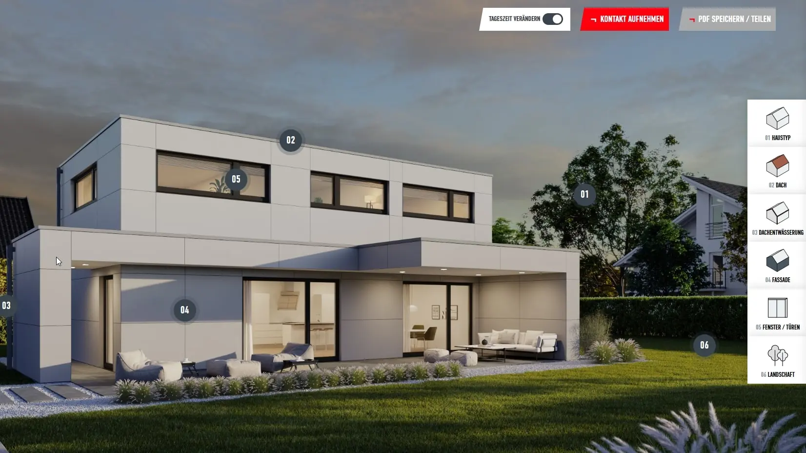 Example of a configuration view of the detached house with flat roof in P.10 zinc grey at night. The façade is clad with Prefabond in P.10 Prefa white.