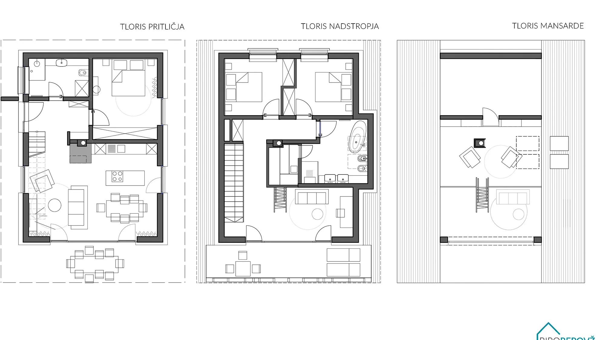 The picture shows the floor plans of the Alpine chalet on three different levels. From left to right, the following levels can be seen: "TLORIS PRITLIČJA" - which means "ground floor plan". "TLORIS NADSTROPJA" - which can be translated as "floor plan of the upper floor". "TLORIS MANSARDE" - this refers to the "floor plan of the attic" or mansard. The drawings show the layout of the rooms, doors, windows and furnishings as well as the entrances and staircases connecting the different floors.  Translated with DeepL.com (free version)