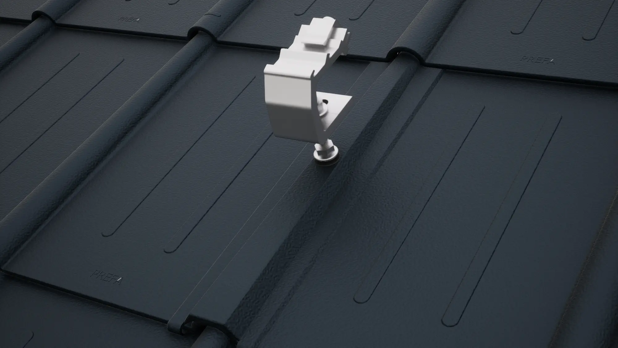 Rendering des Solarmontagesystems PREVARIO Sunny Spezial auf schwarzen PREFA Dachplatten. Das Solarmontagesystem ist die perfekte Basis für Photovoltaik-Aufdachlösungen auf PREFA Aluminiumdächern.