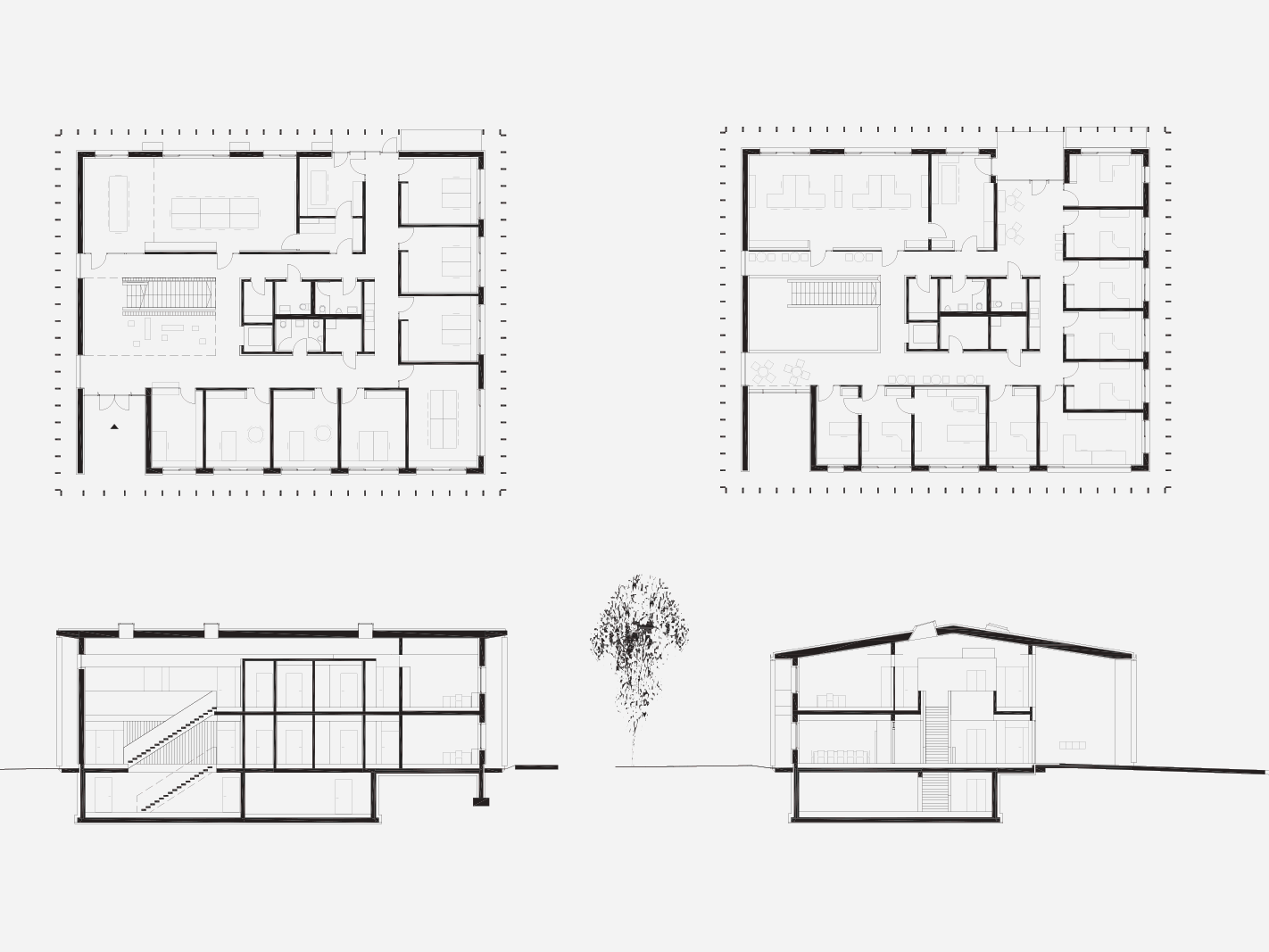 On the picture are 4 sketches of the argiculture centre. Different views are shown, as well as the interior structure of the building.