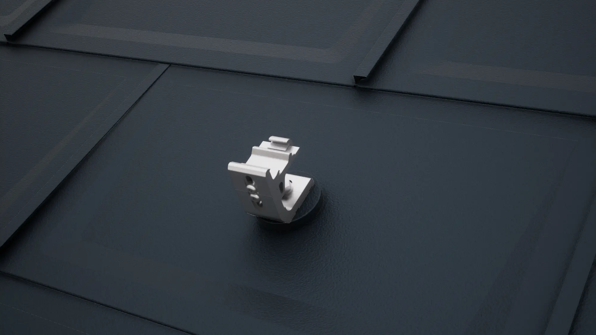 Rendering des Solarmontagesystems PREVARIO 3.S, montiert auf schwarzen PREFA Dachplatten R.16. Das System ist die perfekte Basis für Photovoltaikanlagen auf PREFA Aluminiumdächern.