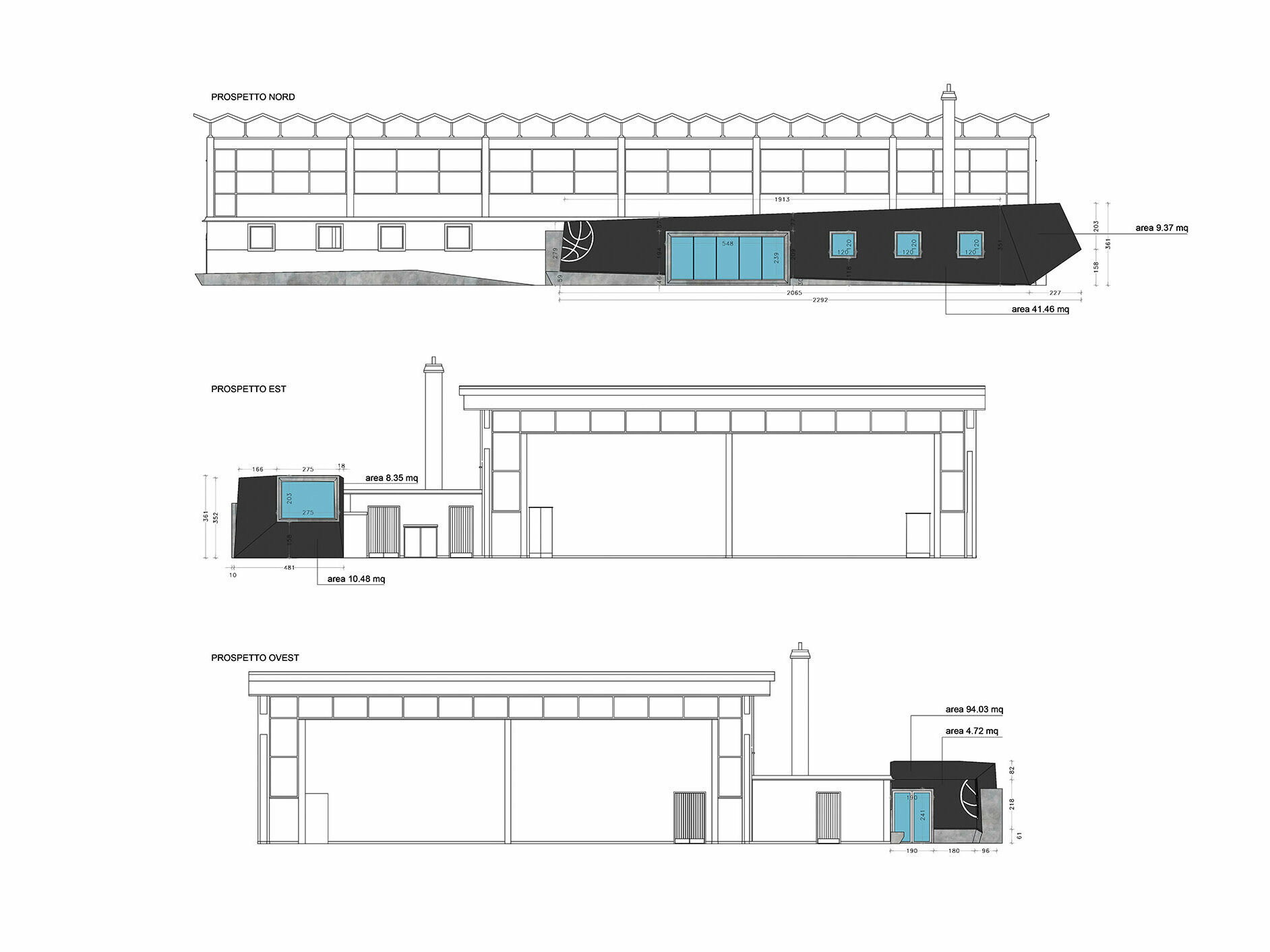 A plan with three cross-sections of the building ensemble from the north, east and west views.