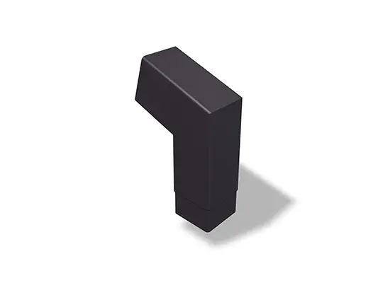The PREFA square downpipe elbow 72° (short) is available in sizes 80 and 100 mm, with dimensions of 196 x 196 mm (visible). This compact downpipe elbow allows for precise changes in direction when installing square downpipes in roof and façade systems.