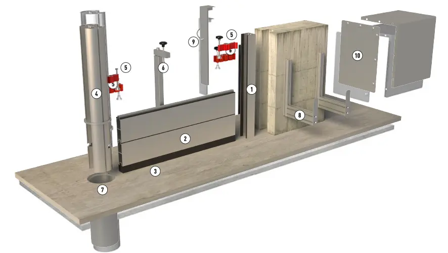 Detailed system drawing of the PREFA aluminium flood protection with individual components 