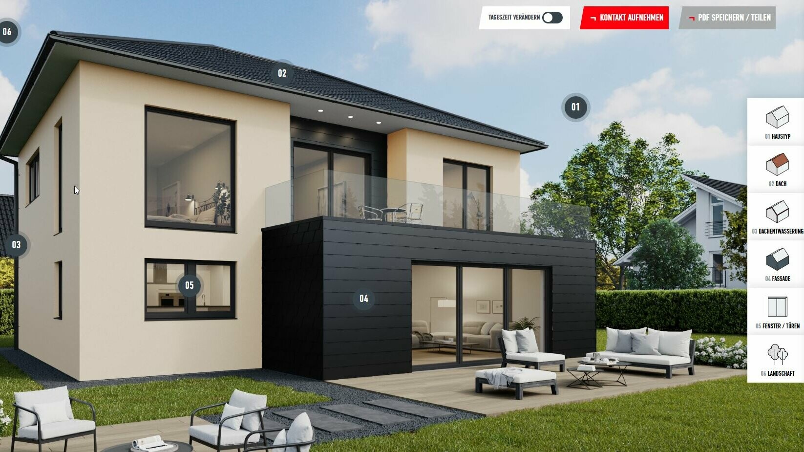 Example of a configuration view of the detached house with hip roof made of PREFA rhomboid tiles 29x29 in P.10 black and facade shingles in the settlement area of a suburb.