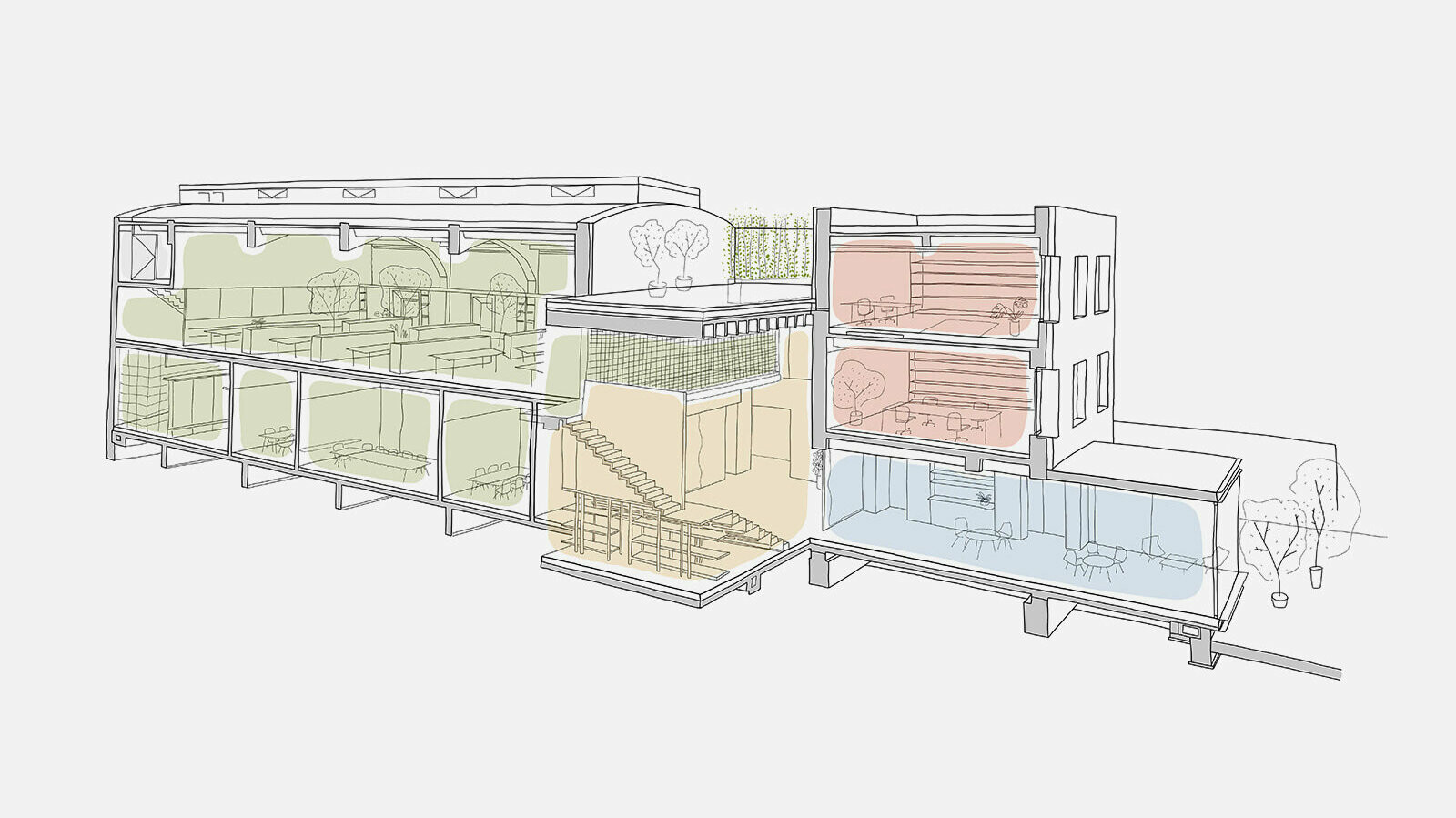 A sketch of the entire building. Different compartments are marked by means of different colours. 