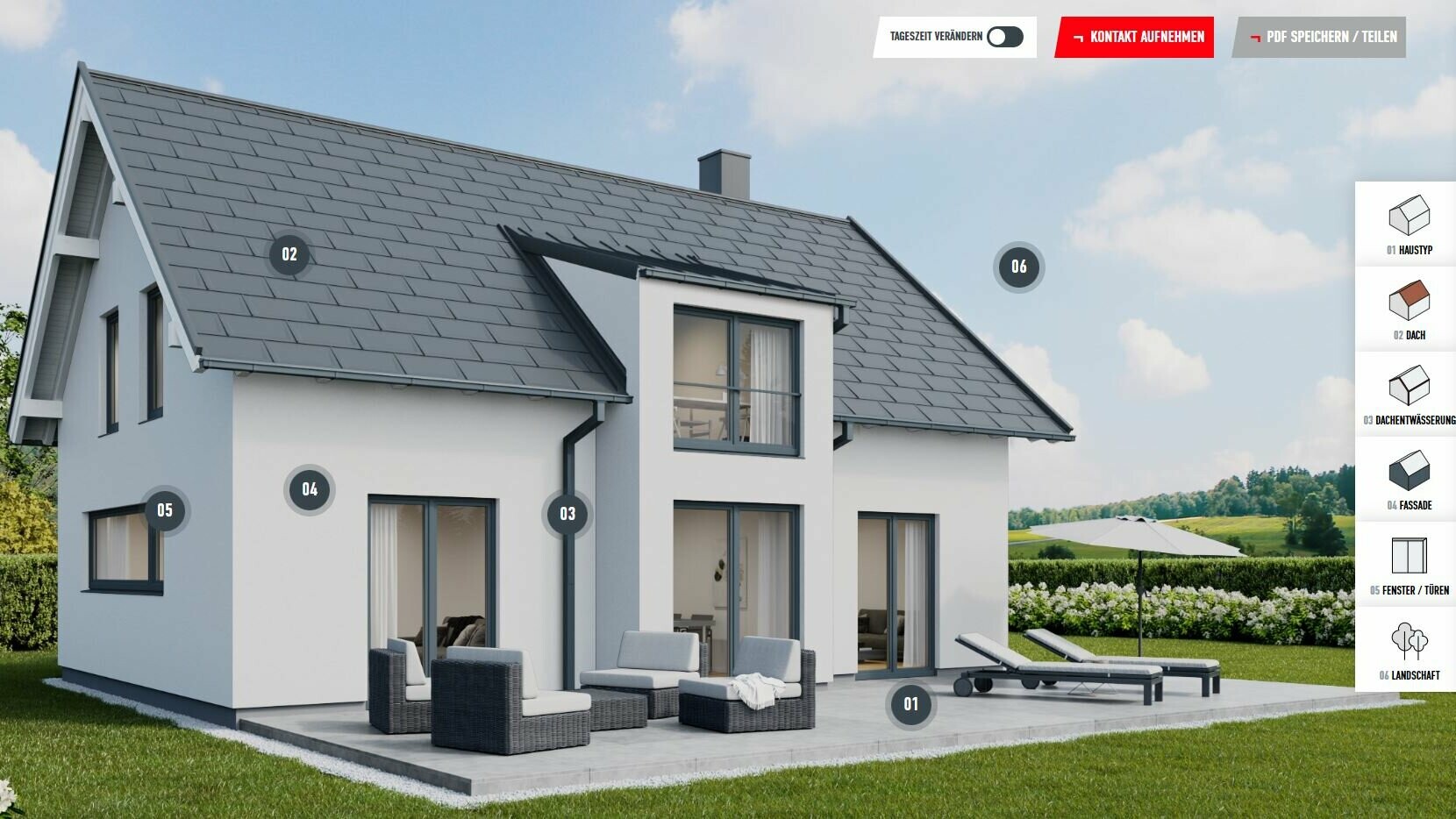 Example of a configuration view of the detached house with gable roof consisting of PREFA roof tiles R.16 in P.10 dark grey in a rural area.