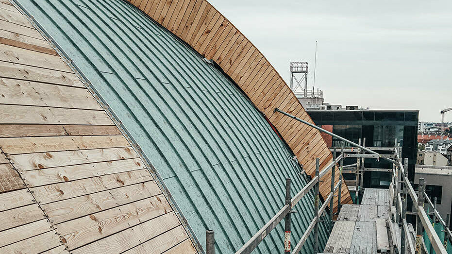 Spilka Offices, construction site, cupola reconstruction, wooden framework, formwork, L steel profiles