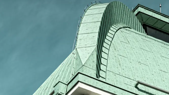 administrative building, Spilka Offices, reconstructed cupola, Bouda Masár, Prefalz, P.10 patina green, monument protection, roof gutter, historically accurate