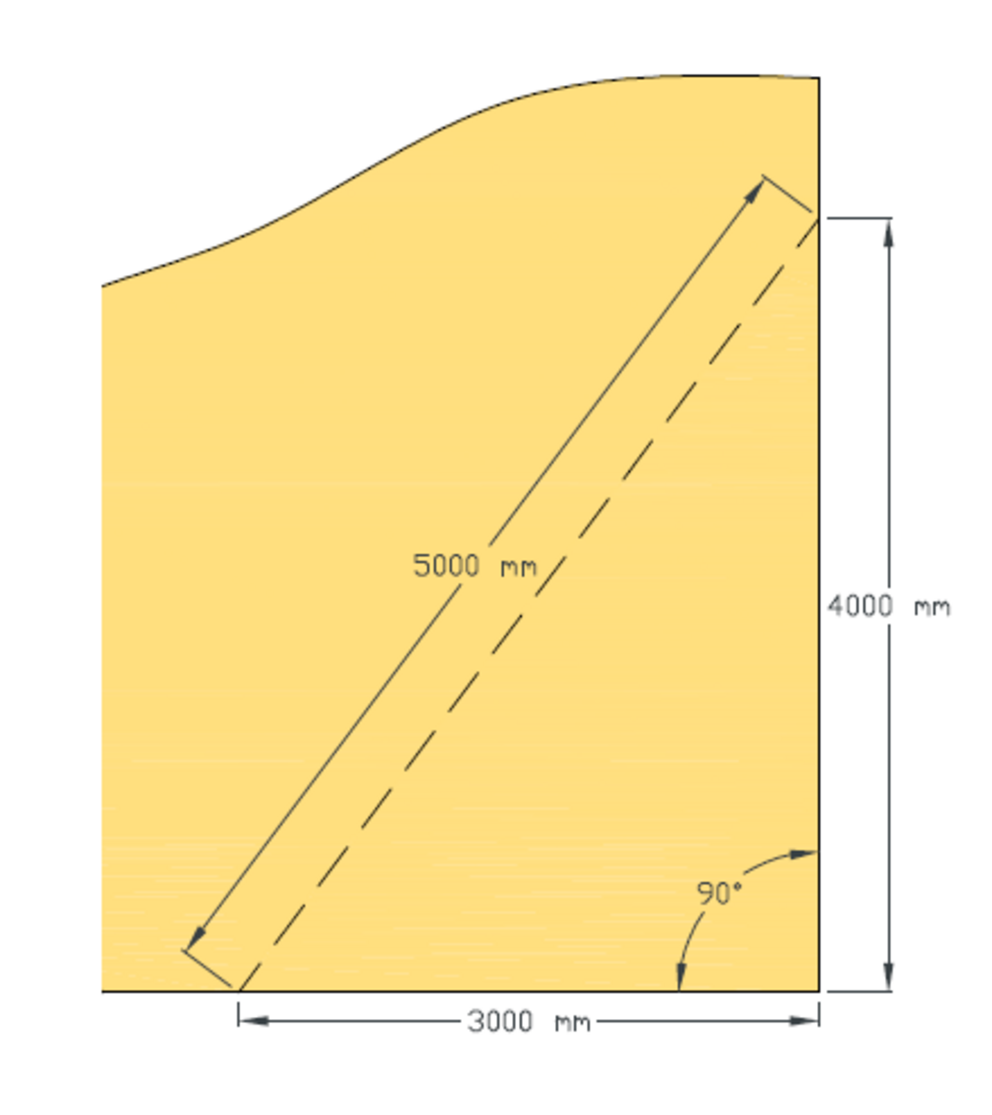 Illustration for determining a right angle on the construction site by lacing with the 3:4:5 principle. A right-angled triangle with the side lengths 3000 mm, 4000 mm and 5000 mm is shown for exact angle determination during installation. This method is essential for a clean and fast installation. 