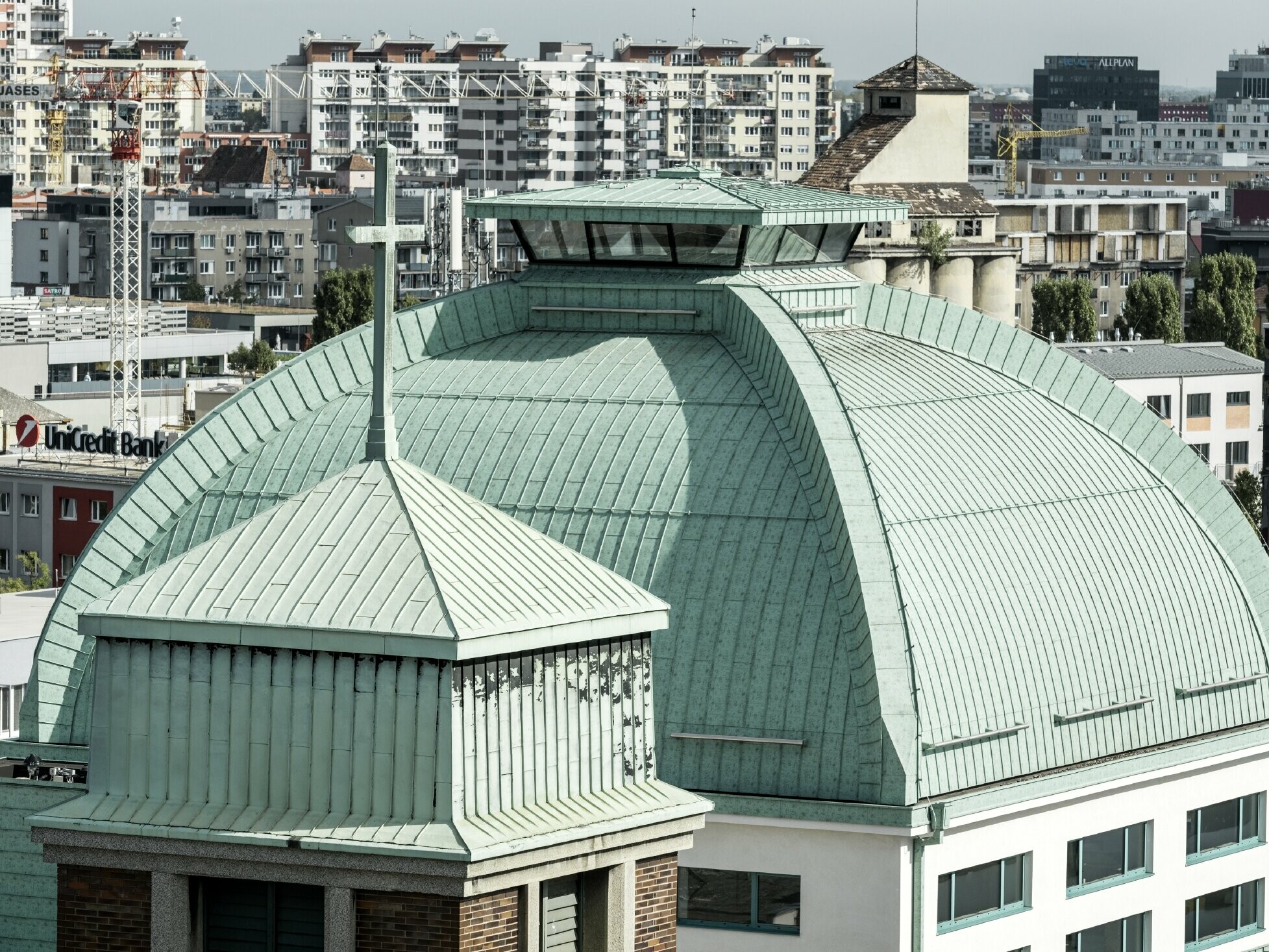 protestant church, Milan Michal Harminc, copper roof, administrative building, Spilka Offices, Prefalz, P.10 patina green, Bouda Masár, skyline, Bratislava, Slovakia