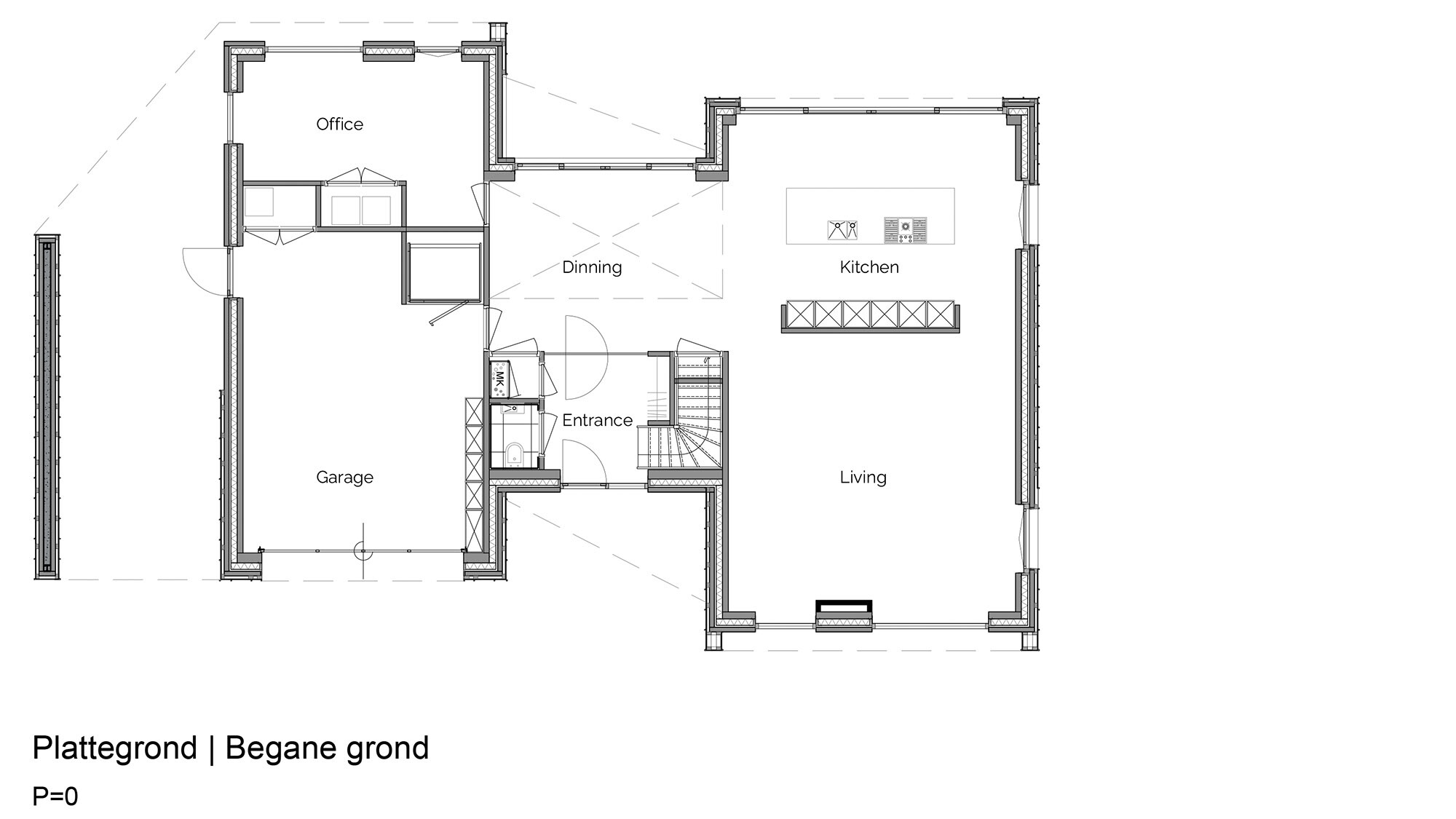 Architectural floor plan of the ground floor level of a detached house. The plan shows an entrance area leading to an office, a garage and a dining area. The kitchen is located in the centre, adjacent to a spacious living area. The rooms are clearly defined and labelled, and the drawing is detailed and precise.