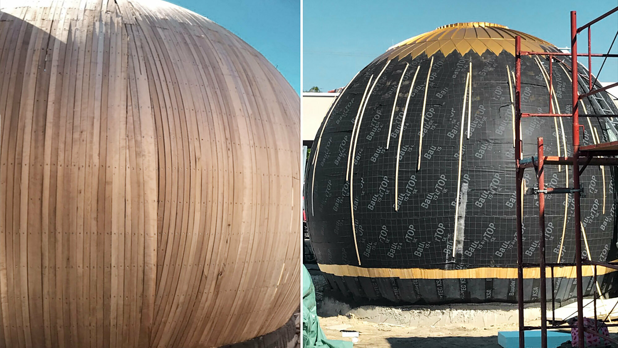 Two construction site photos: the left one shows the bent poplar wood, the right one shows the aluminium envelope as it is being built.
