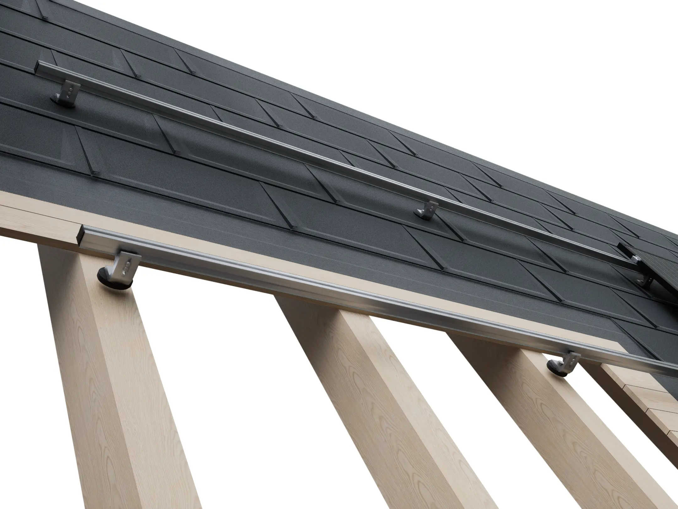 Die Abbildung zeigt den schematischen Aufbau des PREVARIO-Systems zur Montage von Solarmodulen auf PREFA Dachsystemen. Die einzelnen Befestigungspunkte befinden sich direkt an jedem zweiten Sparren und verlaufen durch die Dachfläche. PREFA R.16-Dachplatten werden auf einer Vollschalung montiert. Darauf sind robuste Aluminiumschienen befestigt, die die Unterkonstruktion für die PV-Module bilden, welche anschließend einfach installiert werden. Dank des robusten Solarmodul-Montagesystems kann die Anzahl der benötigten Befestigungspunkte bei gleicher Stabilität halbiert werden.