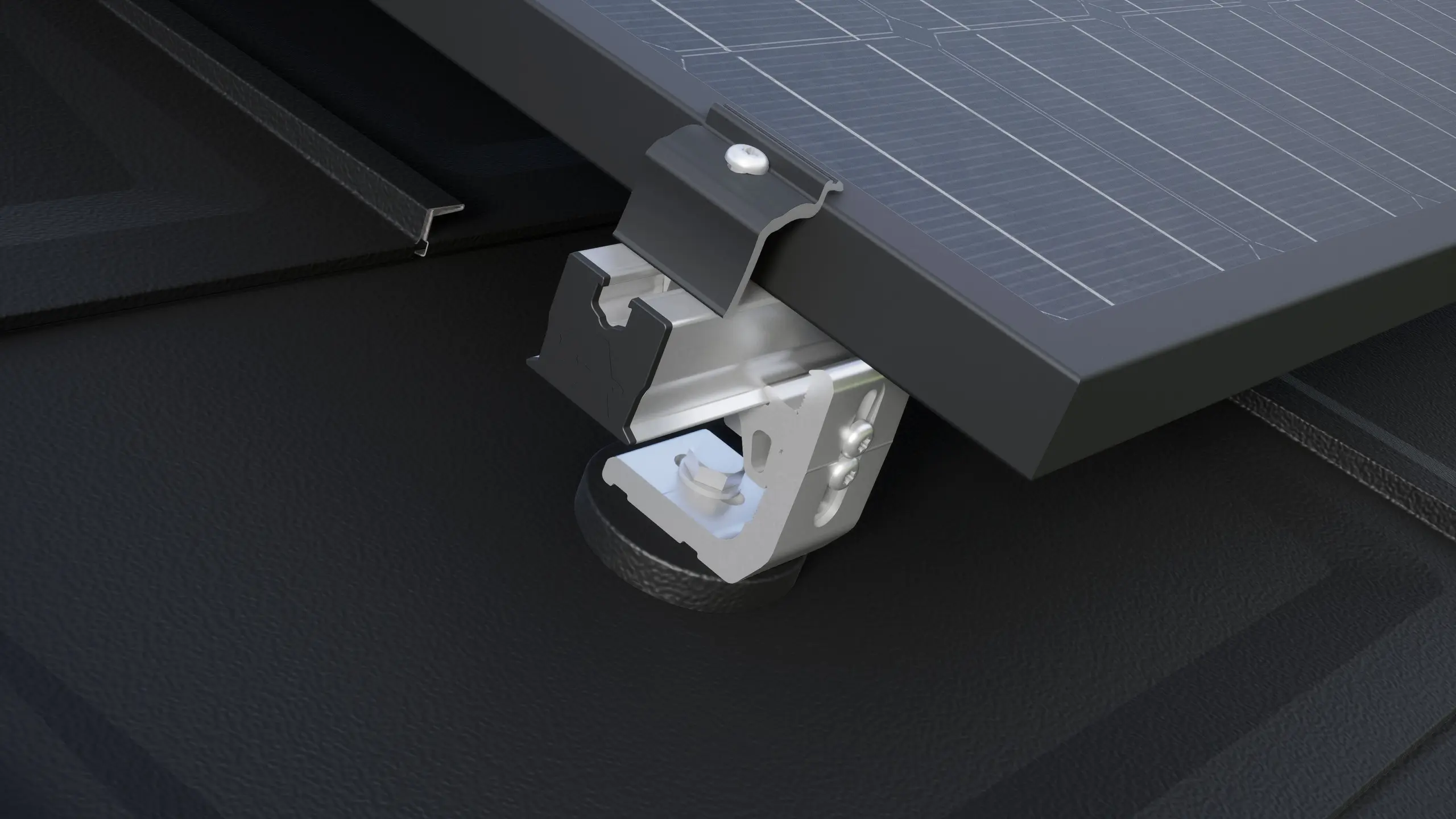 Close-up of the PREVARIO 3.S solar bracket mounted on a dark PREFA roof, which supports the profile rail. The solar module was fastened to the profile rail using the PREVARIO end clamp.