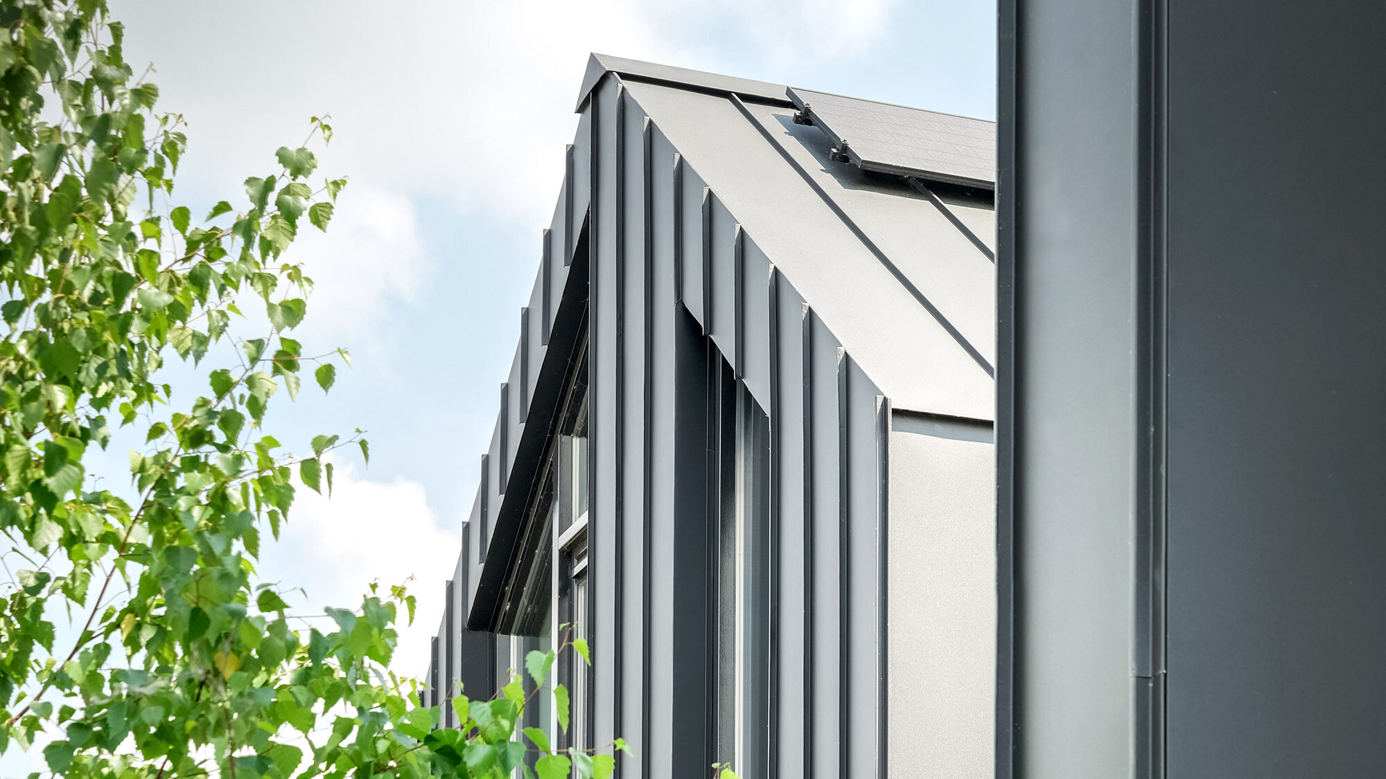 Side view of a modern house with a steep pitched roof, covered with black Prefalz roofing sheets and equipped with solar modules. The vertical façade elements and the dark roof colour contrast with the lively green surroundings of nearby tree branches that protrude into the picture.