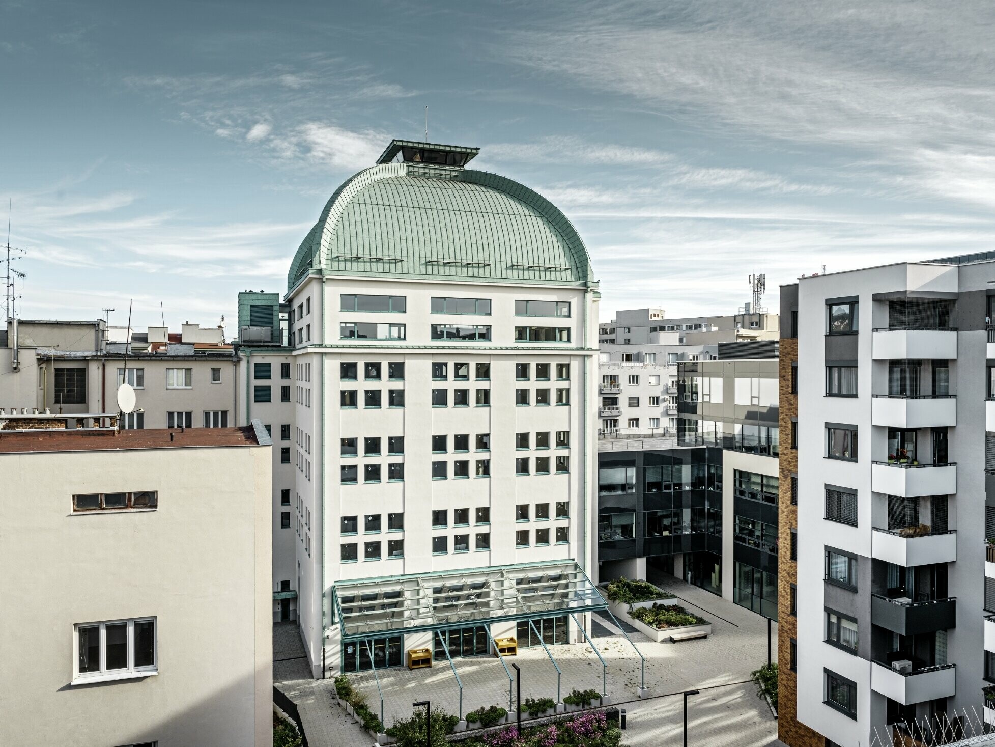 dministrative building, Spilka Offices, Bouda Masár, Prefalz, P.10 patina green, monument protection, Stein 2 living quarter, Bratislava, Slovakia