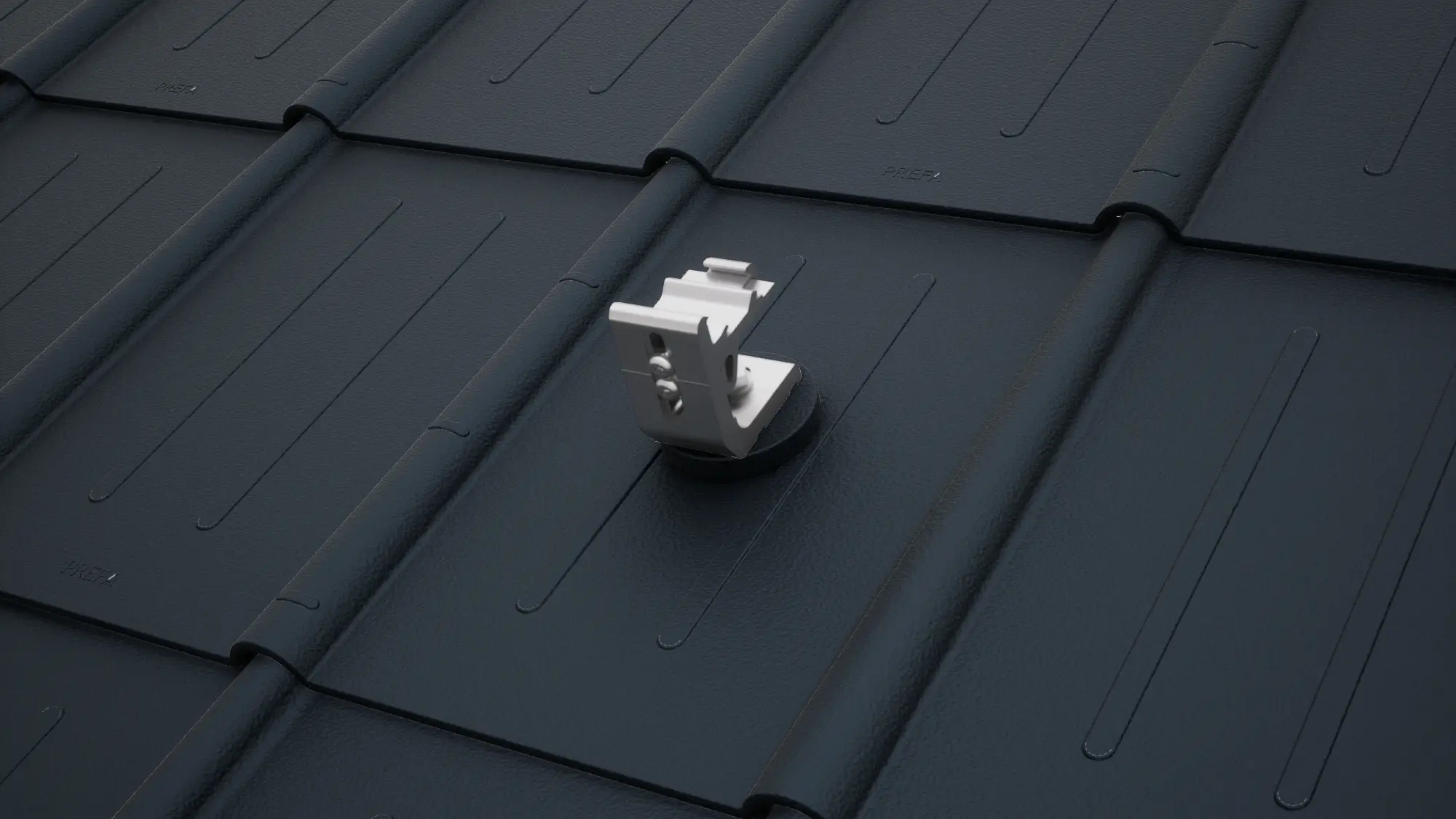 Rendering des Solarmontagesystems PREVARIO 3.S, montiert auf klassischen PREFA Dachplatten in Schwarz. Das Solarmontagesystem ist die perfekte Basis für Photovoltaik Aufdachlösungen auf PREFA Aluminiumdächern.